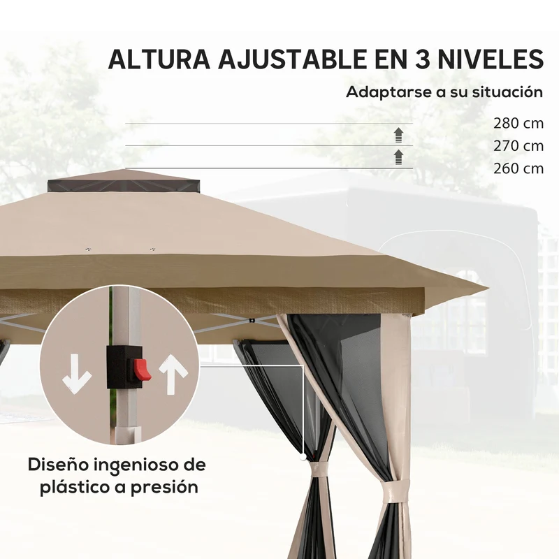 Outsunny Carpa Plegable Gazebo, 3,6x3,6 m, Cenador Plegable con 4 Paredes Laterales de Malla, Anti-UV, Altura Ajustable, Bolsa de Arena y Bolsa de Transporte, para Camping, Fiestas, Beige