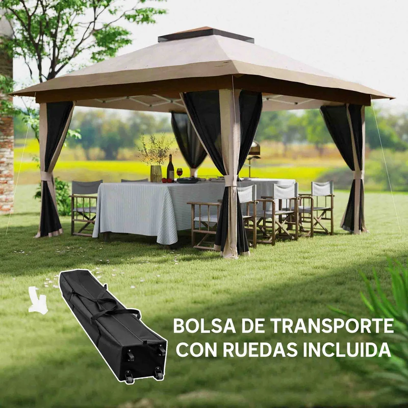 Outsunny Carpa Plegable Gazebo, 3,6x3,6 m, Cenador Plegable con 4 Paredes Laterales de Malla, Anti-UV, Altura Ajustable, Bolsa de Arena y Bolsa de Transporte, para Camping, Fiestas, Beige