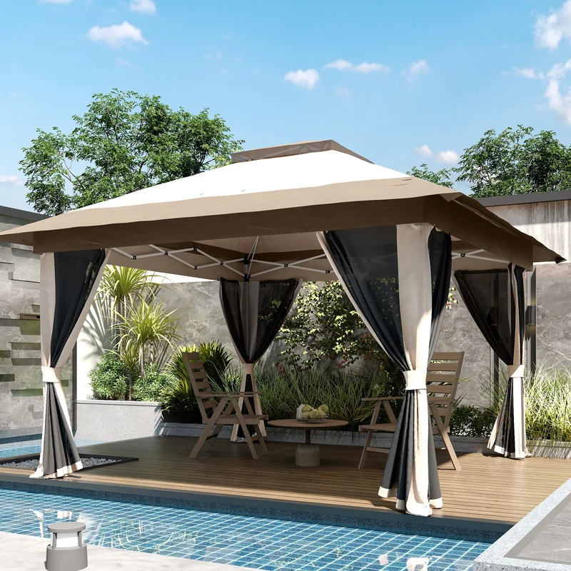 Outsunny Carpa Plegable Gazebo, 3,6x3,6 m, Cenador Plegable con 4 Paredes Laterales de Malla, Anti-UV, Altura Ajustable, Bolsa de Arena y Bolsa de Transporte, para Camping, Fiestas, Beige