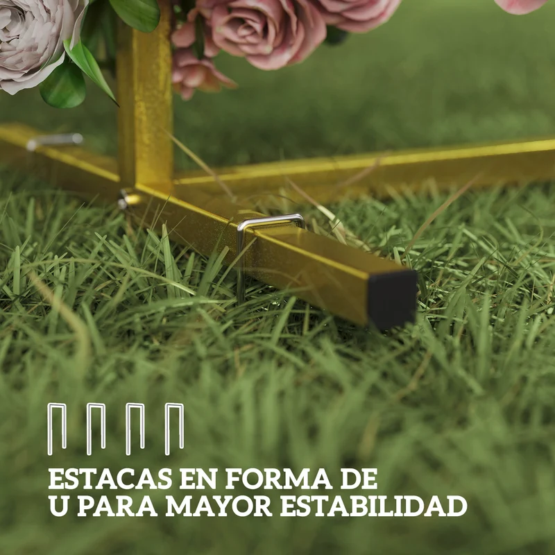 Outsunny Arco de Jardín para Rosas de Metal, 200x200 cm, Arco de Boda Cuadrado con Estacas en Forma de U, Resistente a la Intemperie, para Plantas Trepadoras, para Decoración Patio Terraza, Dorado