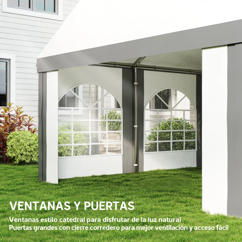 Outsunny Carpa para Fiesta 4x8 m, Carpa de Jardín con Paredes Laterales Extraíbles, Puertas y Ventanas, Impermeable, Anti-UV, Cenador Gazabo para Boda, Camping, Eventos, Exterior, Gris y Blanco