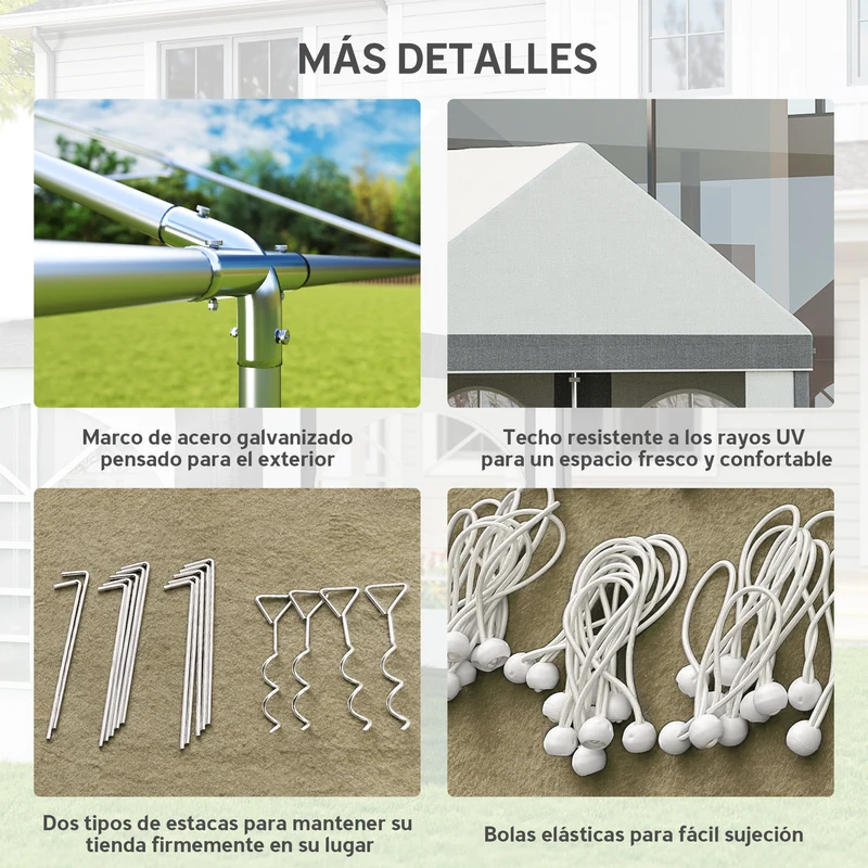 Outsunny Carpa para Fiesta 4x8 m, Carpa de Jardín con Paredes Laterales Extraíbles, Puertas y Ventanas, Impermeable, Anti-UV, Cenador Gazabo para Boda, Camping, Eventos, Exterior, Gris y Blanco