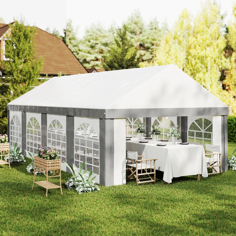 Outsunny Carpa para Fiesta 4x8 m, Carpa de Jardín con Paredes Laterales Extraíbles, Puertas y Ventanas, Impermeable, Anti-UV, Cenador Gazabo para Boda, Camping, Eventos, Exterior, Gris y Blanco