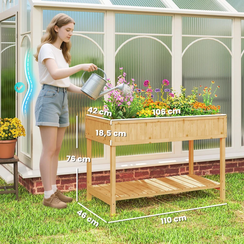 Outsunny Huerto Urbano de Madera, Mesa de Cultivo con Estante Inferior, Jardinera Elevada para Cultivo, Plantas, Flores y Verduras, 110x46x76 cm, Natural