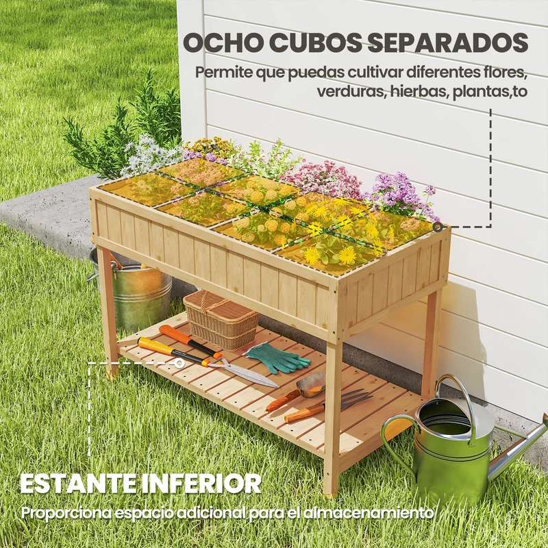 Outsunny Huerto Urbano de Madera, Mesa de Cultivo con Estante Inferior, Jardinera Elevada para Cultivo, Plantas, Flores y Verduras, 110x46x76 cm, Natural