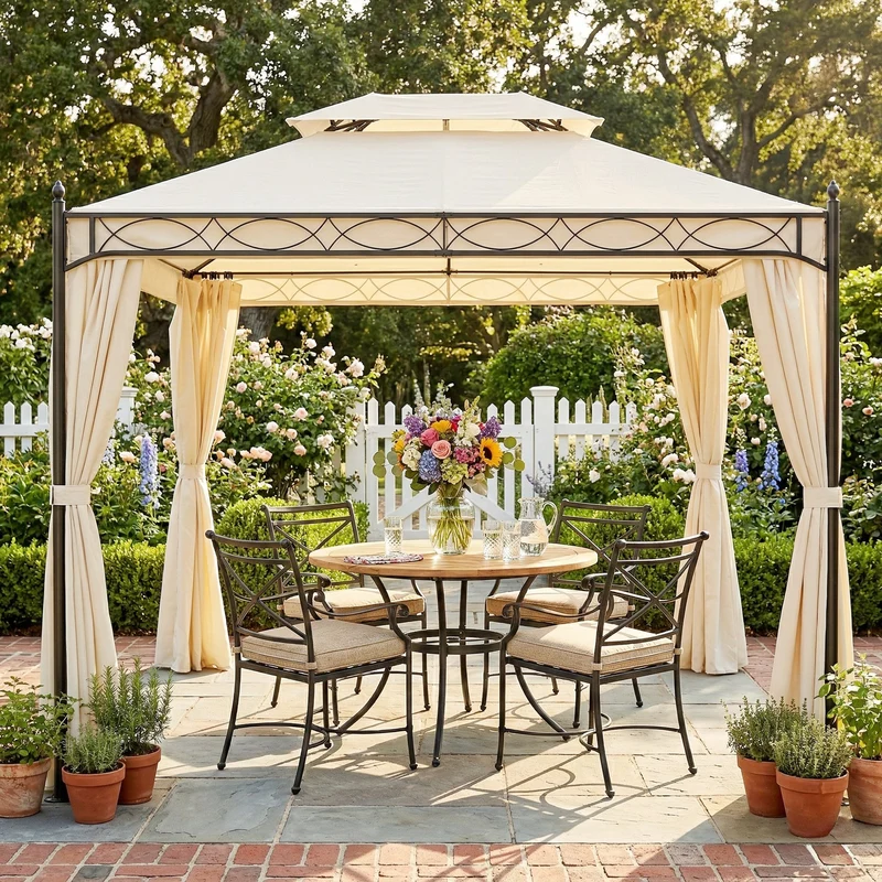 Outsunny Cenador de Jardín 4x3 m, Pabellón de Jardín Gazebo con Doble Techo, 4 Cortinas, Marco de Acero, 8 Orificios de Drenaje, Anti-UV, Carpa para Exterior, Terraza, Patio, Blanco Crema