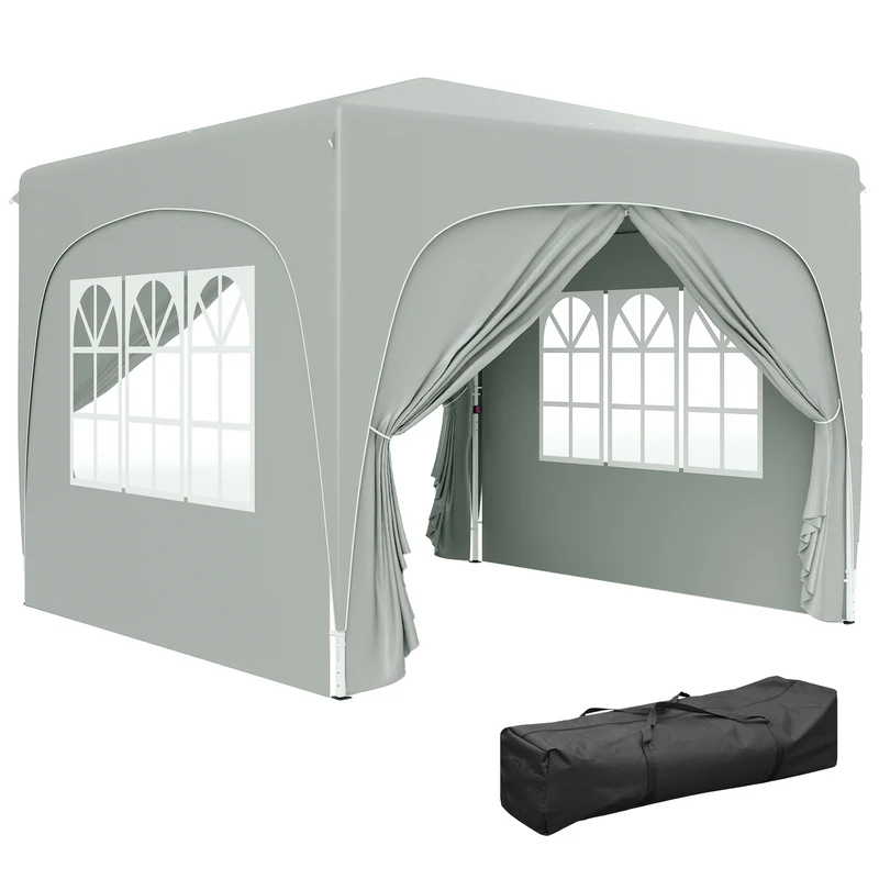 Outsunny Carpa Plegable 3x3 m, Cenador Pabellón de Jardín con Altura Ajustable de 3 Niveles, 4 Paredes Laterales, Ventanas y Bolsa Transporte, UPF50+, Impermeable para Fiestas, Exterior, Gris