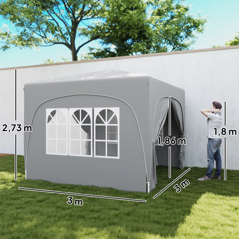 Outsunny Carpa Plegable 3x3 m, Cenador Pabellón de Jardín con Altura Ajustable de 3 Niveles, 4 Paredes Laterales, Ventanas y Bolsa Transporte, UPF50+, Impermeable para Fiestas, Exterior, Gris