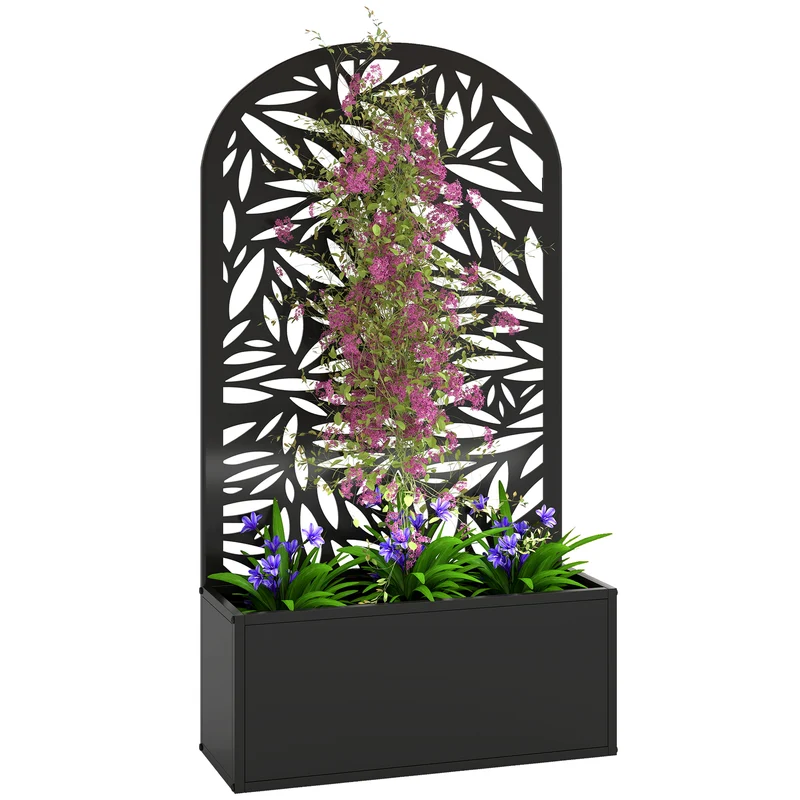 Outsunny Jardinera Exterior Grande de Metal, Jardinera con Pantalla de Privacidad Curva de Hojas Decorativas, Macetero de Pared o Independiente para Plantas Trepadoras, Patio, 61x23x113 cm, Negro
