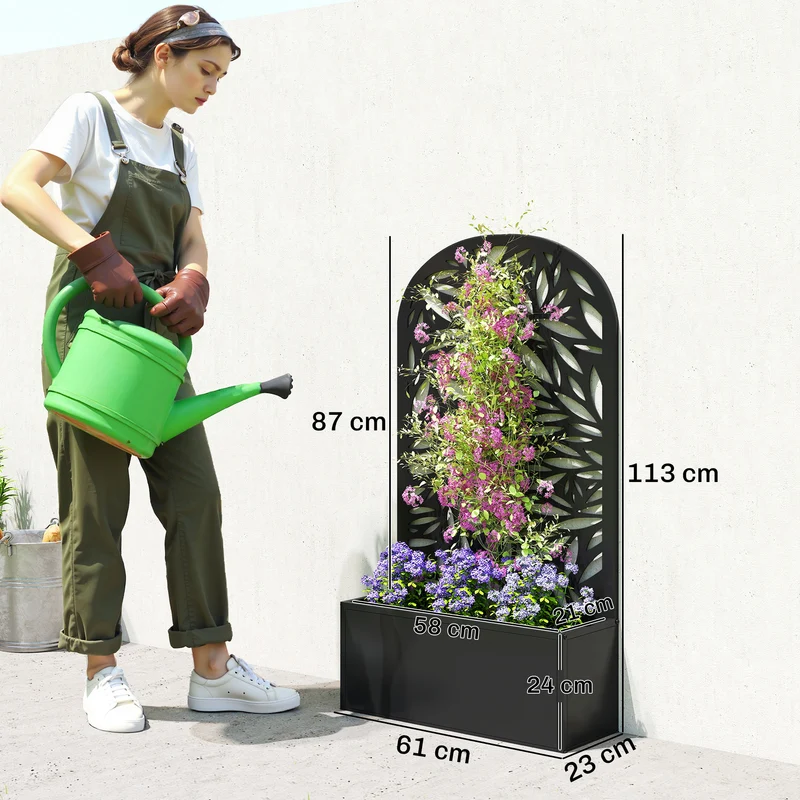 Outsunny Jardinera Exterior Grande de Metal, Jardinera con Pantalla de Privacidad Curva de Hojas Decorativas, Macetero de Pared o Independiente para Plantas Trepadoras, Patio, 61x23x113 cm, Negro