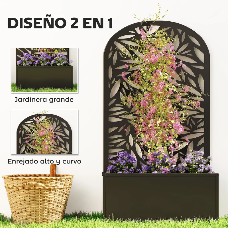 Outsunny Jardinera Exterior Grande de Metal, Jardinera con Pantalla de Privacidad Curva de Hojas Decorativas, Macetero de Pared o Independiente para Plantas Trepadoras, Patio, 61x23x113 cm, Negro