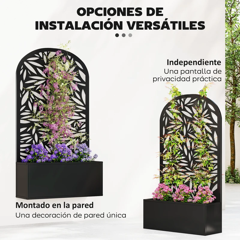 Outsunny Jardinera Exterior Grande de Metal, Jardinera con Pantalla de Privacidad Curva de Hojas Decorativas, Macetero de Pared o Independiente para Plantas Trepadoras, Patio, 61x23x113 cm, Negro