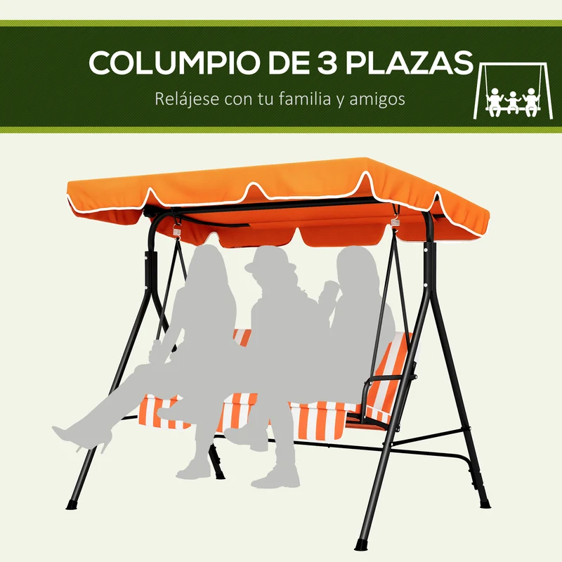 Outsunny Columpio de Jardín Exterior de 3 Plazas, Balancín de Jardín Exterior con Techo Ajustable y Marco de Acero, para Balcón, Terraza, Patio, Carga 200 kg, 172x110x153 cm, Naranja