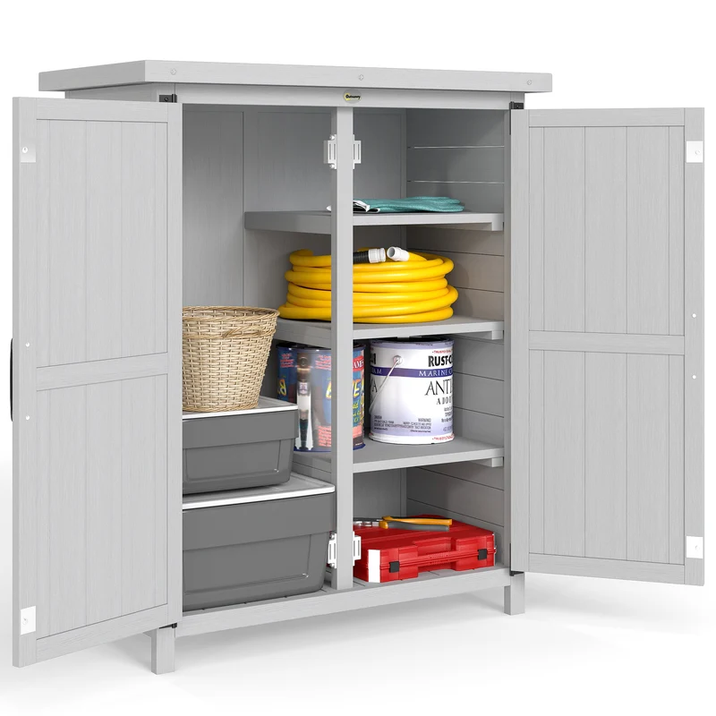 Outsunny Caseta de Jardín de Madera, 75x40x90 cm, Cobertizo Jardín Exterior, Armario para Almacenaje de Herramientas, con 4 Estantes, 2 Puertas y Techo de Acero Galvanizado, Gris