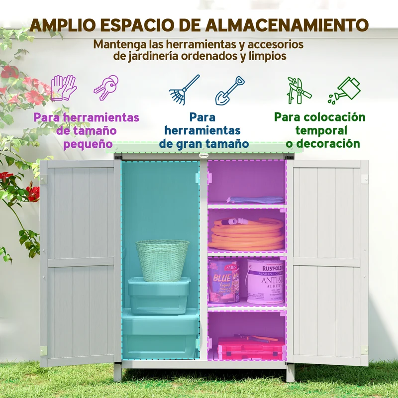 Outsunny Caseta de Jardín de Madera, 75x40x90 cm, Cobertizo Jardín Exterior, Armario para Almacenaje de Herramientas, con 4 Estantes, 2 Puertas y Techo de Acero Galvanizado, Gris
