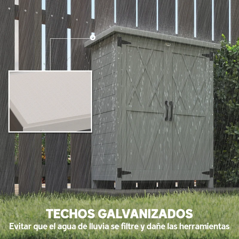 Outsunny Caseta de Jardín de Madera, 75x40x90 cm, Cobertizo Jardín Exterior, Armario para Almacenaje de Herramientas, con 4 Estantes, 2 Puertas y Techo de Acero Galvanizado, Gris