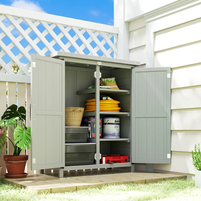 Outsunny Caseta de Jardín de Madera, 75x40x90 cm, Cobertizo Jardín Exterior, Armario para Almacenaje de Herramientas, con 4 Estantes, 2 Puertas y Techo de Acero Galvanizado, Gris
