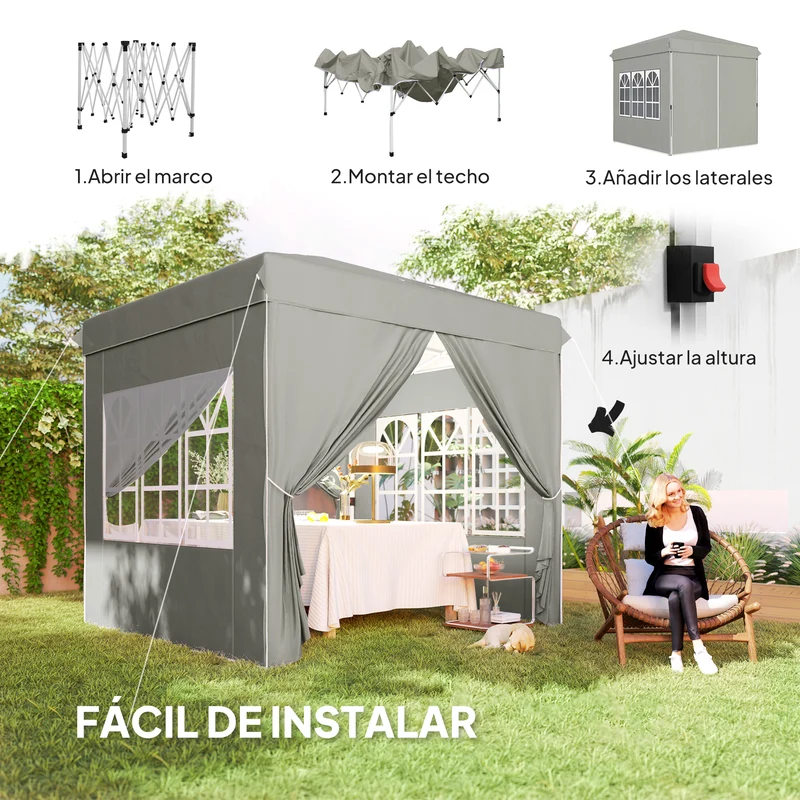 Outsunny Carpa Plegable Pop-up Gazebo 2,5x2,5 m Cenador Plegable con 4 Paredes Laterales Anti-UV y Bolsa de Transporte para Camping Fiestas, Gris