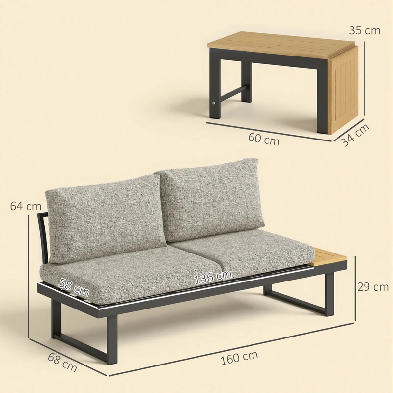Outsunny Conjunto de Jardín Exterior de 3 Piezas, Sofá Exterior Seccional Resistente con 2 Sofás de 2 Plazas y Mesa de Centro Versátil, Estructura de Aluminio y Cojines, Gris Claro