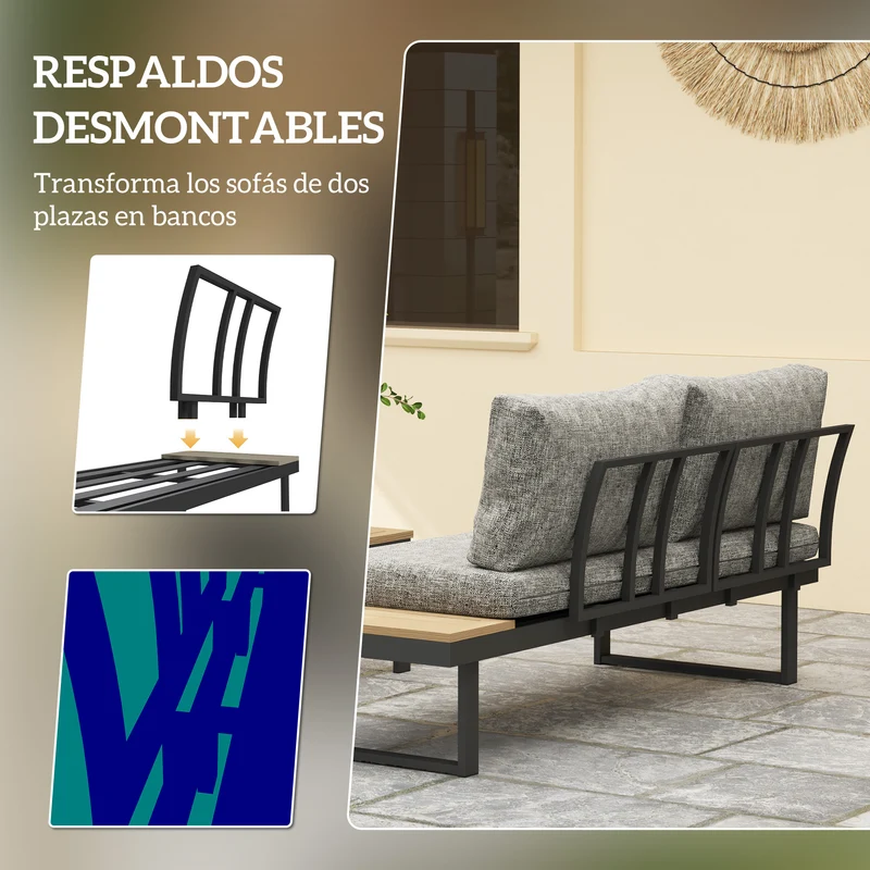 Outsunny Conjunto de Jardín Exterior de 3 Piezas, Sofá Exterior Seccional Resistente con 2 Sofás de 2 Plazas y Mesa de Centro Versátil, Estructura de Aluminio y Cojines, Gris Claro