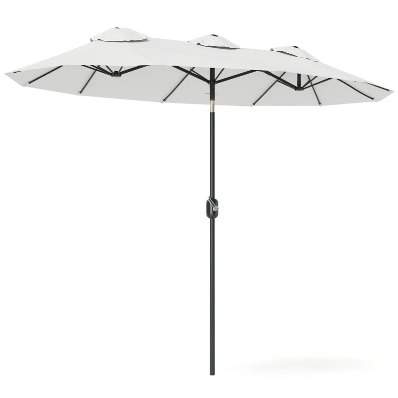 Outsunny Sombrilla Doble 2,95x1,52 m, Sombrilla Terraza Exterior con Inclinación 45°, Manivela Manual, Orificios de Ventilación, Impermeable, Parasol para Jardín, Terraza, Patio y Piscina, Crema