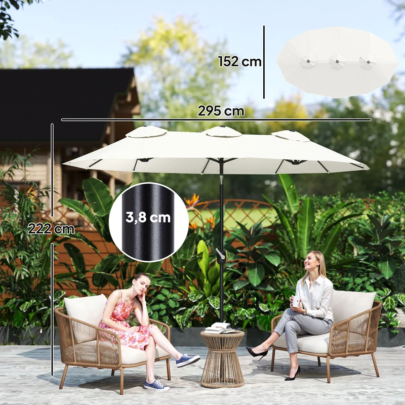Outsunny Sombrilla Doble 2,95x1,52 m, Sombrilla Terraza Exterior con Inclinación 45°, Manivela Manual, Orificios de Ventilación, Impermeable, Parasol para Jardín, Terraza, Patio y Piscina, Crema