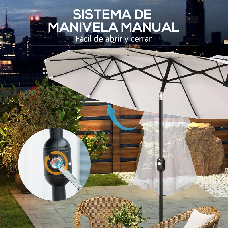 Outsunny Sombrilla Doble 2,95x1,52 m, Sombrilla Terraza Exterior con Inclinación 45°, Manivela Manual, Orificios de Ventilación, Impermeable, Parasol para Jardín, Terraza, Patio y Piscina, Crema