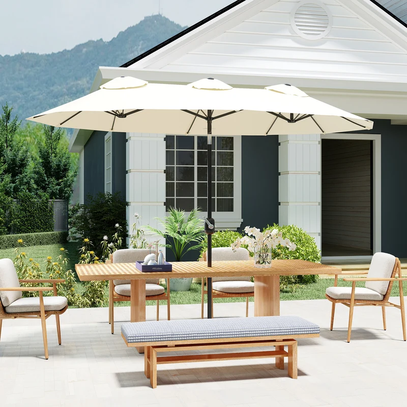 Outsunny Sombrilla Doble 2,95x1,52 m, Sombrilla Terraza Exterior con Inclinación 45°, Manivela Manual, Orificios de Ventilación, Impermeable, Parasol para Jardín, Terraza, Patio y Piscina, Crema