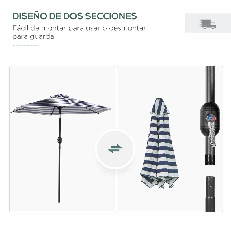 Outsunny Sombrilla Terraza Exterior, Ø230x216 cm, Sombrilla de Jardín con Ángulo Ajustable y Manivela, Impermeable, Parasol para Patio, Terraza, Azul y Blanco