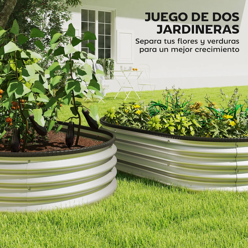 Outsunny Juego de 2 Jardineras Exterior Grandes de Acero Galvanizado, Huertos Urbanos, Maceteros Exterior Modular con Base Abierta para Plantas, Resistente a la Intemperie, 135x90x30 cm, Plateado