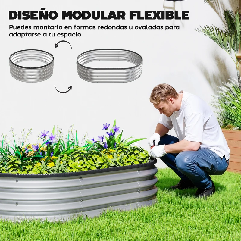 Outsunny Juego de 2 Jardineras Exterior Grandes de Acero Galvanizado, Huertos Urbanos, Maceteros Exterior Modular con Base Abierta para Plantas, Resistente a la Intemperie, 135x90x30 cm, Plateado