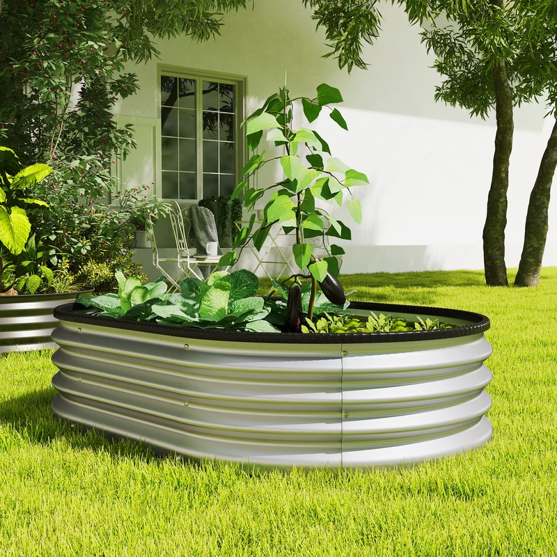 Outsunny Juego de 2 Jardineras Exterior Grandes de Acero Galvanizado, Huertos Urbanos, Maceteros Exterior Modular con Base Abierta para Plantas, Resistente a la Intemperie, 135x90x30 cm, Plateado