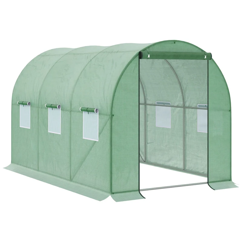 Outsunny Invernadero de Túnel 3x2x2 m Invernáculo de Jardín Exterior con Puerta Enrollable y 6 Ventanas Polietileno y Metal Galvanizado para Cultivos Plantas Flores Verde