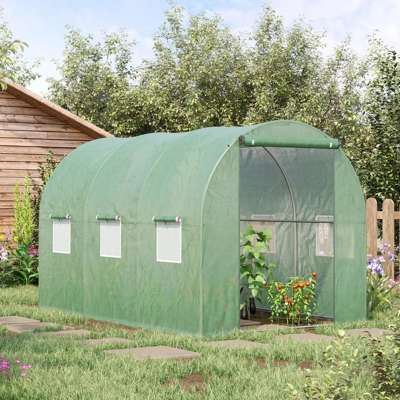 Outsunny Invernadero de Túnel 3x2x2 m Invernáculo de Jardín Exterior con Puerta Enrollable y 6 Ventanas Polietileno y Metal Galvanizado para Cultivos Plantas Flores Verde