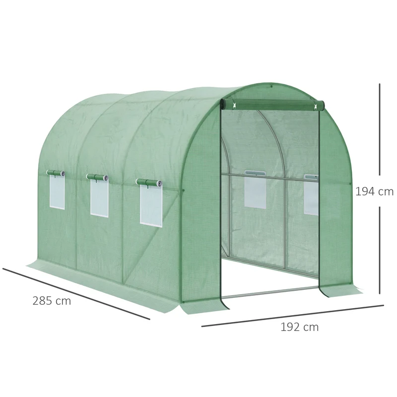 Outsunny Invernadero de Túnel 3x2x2 m Invernáculo de Jardín Exterior con Puerta Enrollable y 6 Ventanas Polietileno y Metal Galvanizado para Cultivos Plantas Flores Verde