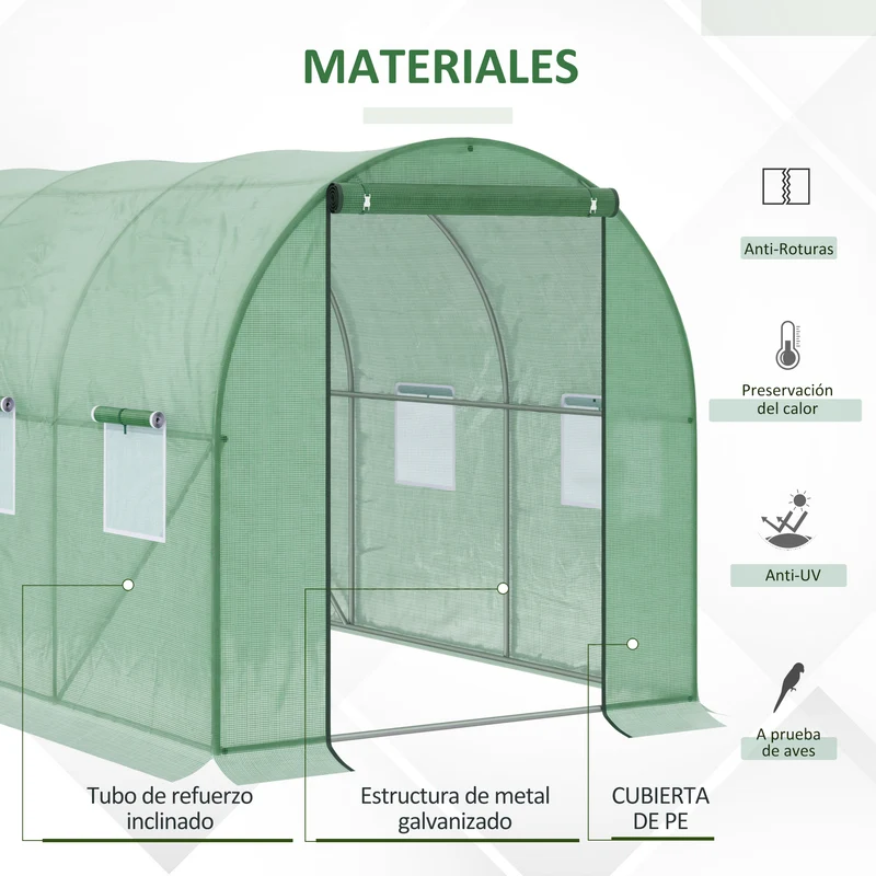 Outsunny Invernadero de Túnel 3x2x2 m Invernáculo de Jardín Exterior con Puerta Enrollable y 6 Ventanas Polietileno y Metal Galvanizado para Cultivos Plantas Flores Verde