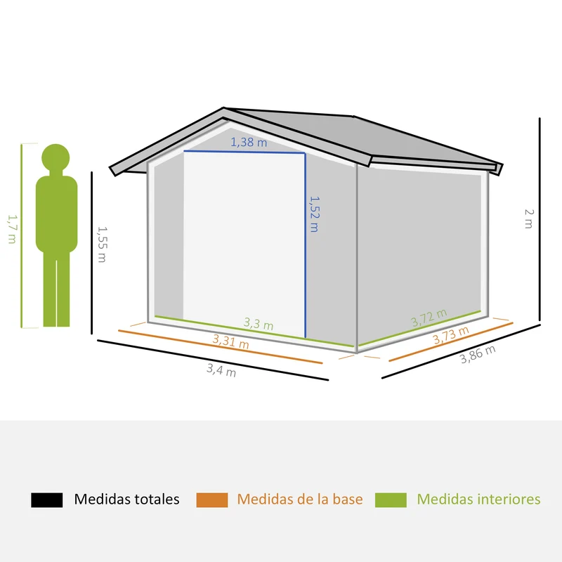 Outsunny Caseta de Jardín Exterior 12,4 m² 340x386x200 cm Cobertizo de Jardín Exterior con Puerta Corredera Techo Inclinado Base Refuerzo (Suelo NO Incluido) y 4 Ventanas Verde