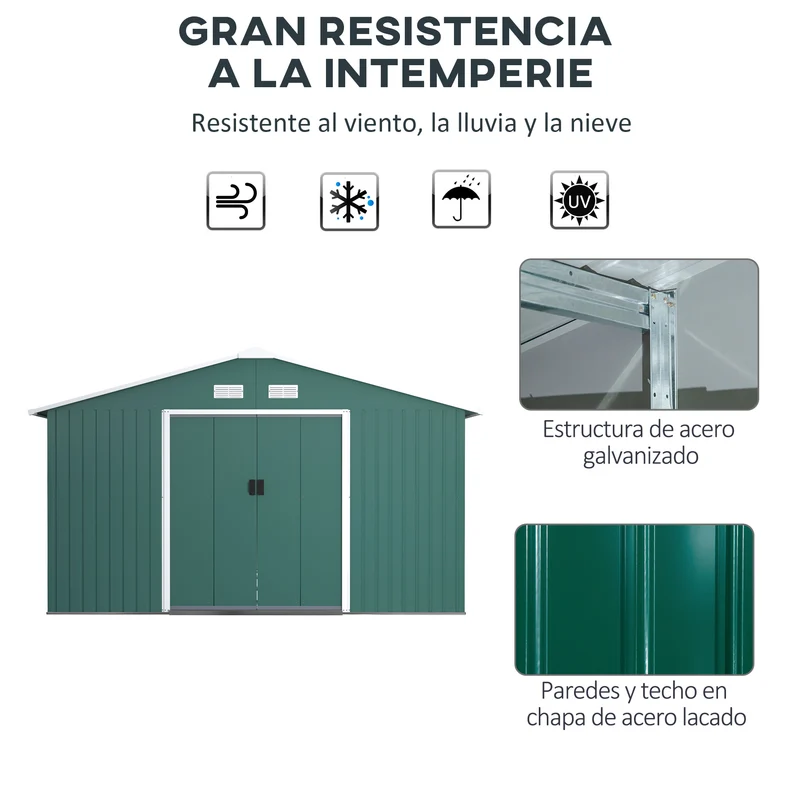 Outsunny Caseta de Jardín Exterior 12,4 m² 340x386x200 cm Cobertizo de Jardín Exterior con Puerta Corredera Techo Inclinado Base Refuerzo (Suelo NO Incluido) y 4 Ventanas Verde