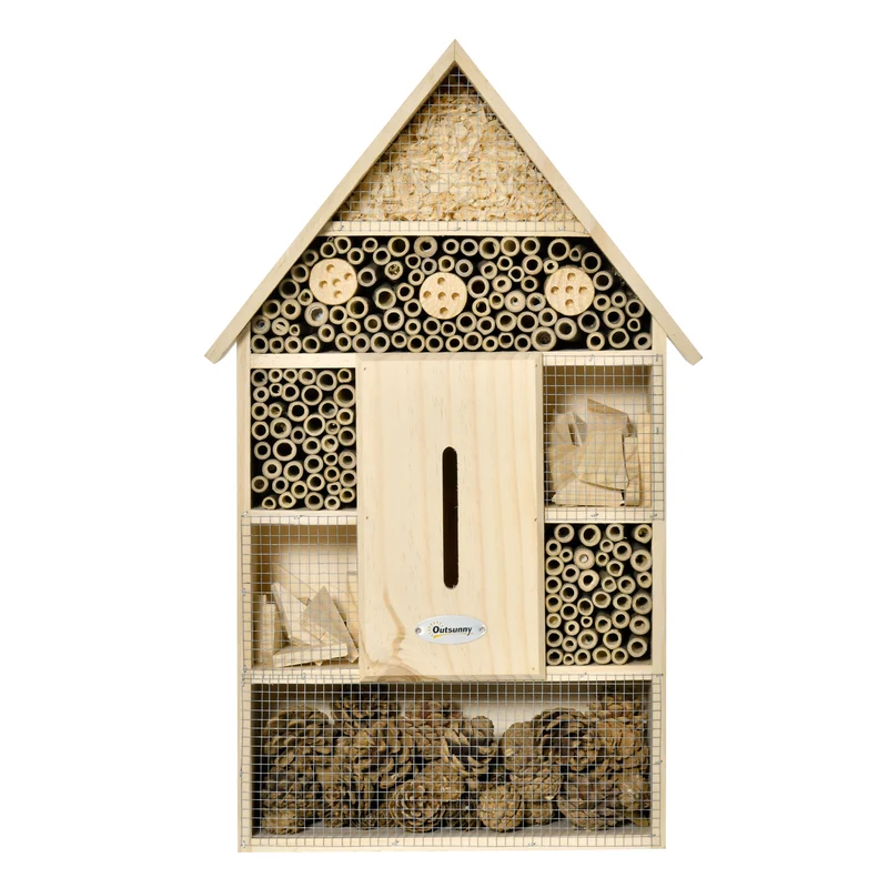 Outsunny Hotel de Insectos de 5 Pisos Casa de Insectos de Madera y Bambú para Abejas Mariposas Mariquitas Uso Exterior en Jardín 32x12,5x57 cm Color Natural
