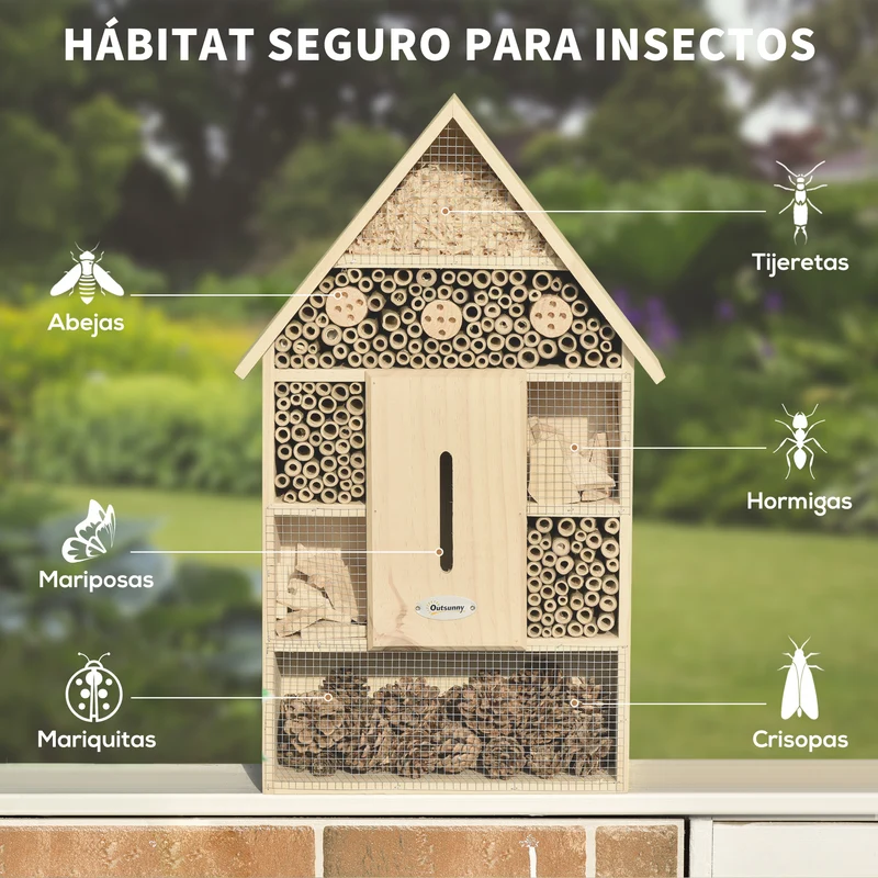 Outsunny Hotel de Insectos de 5 Pisos Casa de Insectos de Madera y Bambú para Abejas Mariposas Mariquitas Uso Exterior en Jardín 32x12,5x57 cm Color Natural