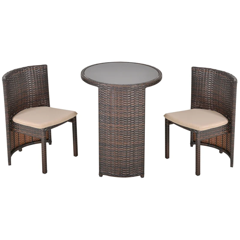 Outsunny Conjunto de Muebles Ratán de Jardín 3 Piezas con 1 Mesa de Café y 2 Sillas con Cojines para Terraza Exterior Fácil Almacenaje Acero Marrón