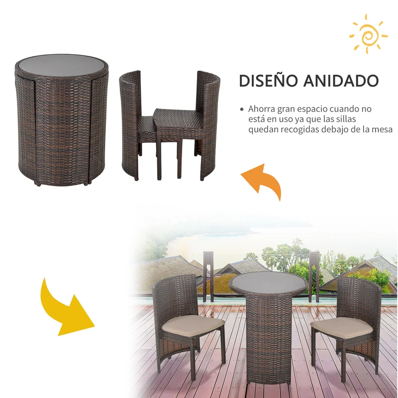 Outsunny Conjunto de Muebles Ratán de Jardín 3 Piezas con 1 Mesa de Café y 2 Sillas con Cojines para Terraza Exterior Fácil Almacenaje Acero Marrón
