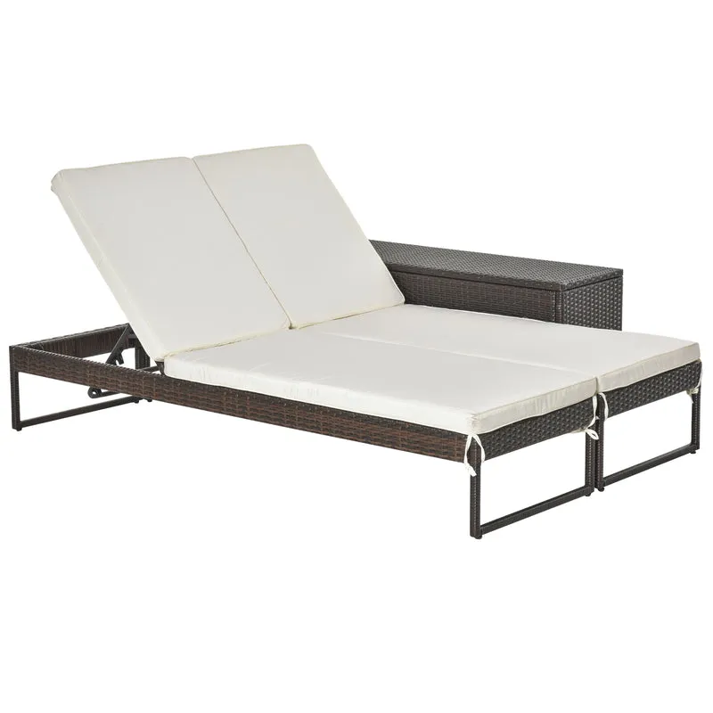 Outsunny Conjunto de 2 Tumbonas de Jardín con Cojines Acolchados Ratán con Mesa Auxiliar para Piscina o Terraza Carga 160 kg 195x60x86 cm Acero Marrón