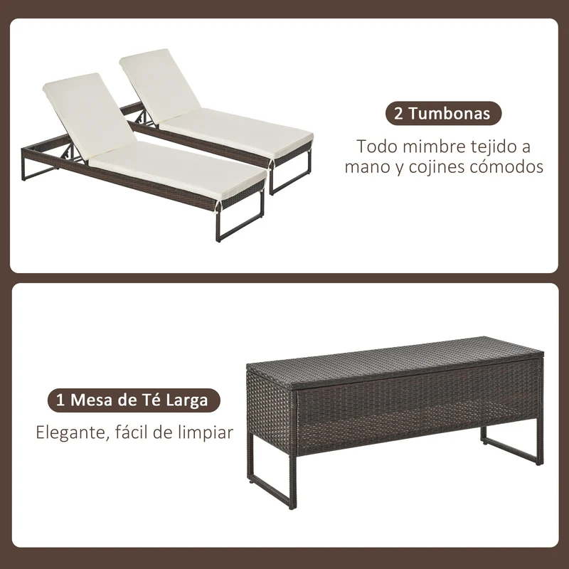 Outsunny Conjunto de 2 Tumbonas de Jardín con Cojines Acolchados Ratán con Mesa Auxiliar para Piscina o Terraza Carga 160 kg 195x60x86 cm Acero Marrón