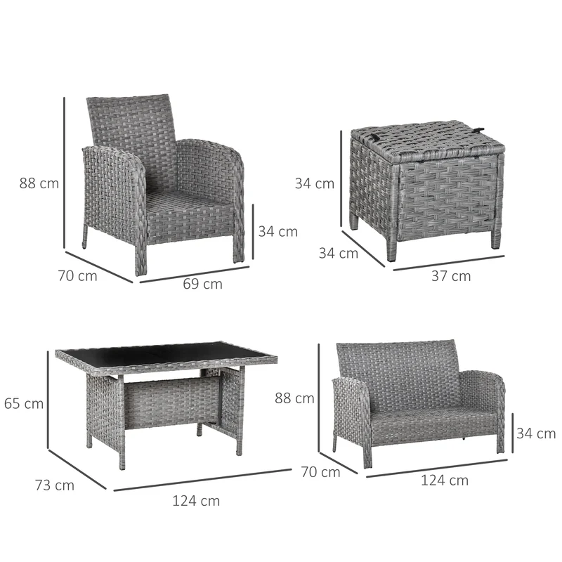 Outsunny Conjunto de Muebles de Jardín 6 Piezas de Ratán con Mesa de Centro Sofá Doble 2 Sillones Individuales 2 Taburetes con Cojines para Patio Porche Terraza Gris