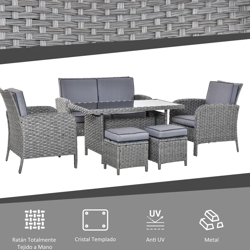 Outsunny Conjunto de Muebles de Jardín 6 Piezas de Ratán con Mesa de Centro Sofá Doble 2 Sillones Individuales 2 Taburetes con Cojines para Patio Porche Terraza Gris