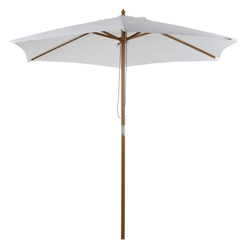 Outsunny Sombrilla de Jardín Ø250x230 cm Parasol de Terraza con 6 Varillas Poste Desmontable Anti-UV Impermeable y Marco de Madera para Playa Patio Blanco