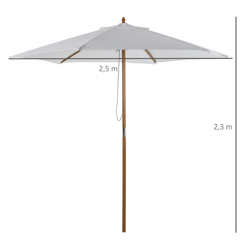 Outsunny Sombrilla de Jardín Ø250x230 cm Parasol de Terraza con 6 Varillas Poste Desmontable Anti-UV Impermeable y Marco de Madera para Playa Patio Blanco