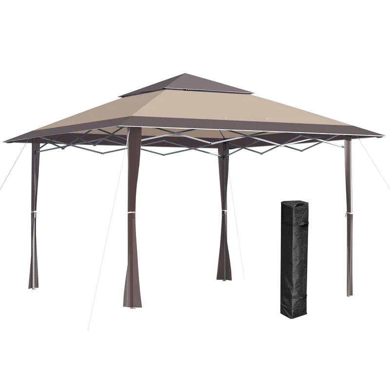 Outsunny Cenador Plegable 4x4 m Carpa de jardín con Doble Techo Altura Ajustable con Bolsa de Transporte de Acero Tela Oxford Protección UV para Fiestas Bodas Caqui y Café