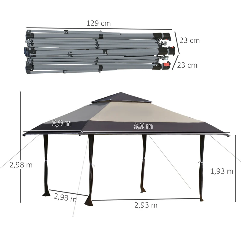 Outsunny Cenador Plegable 4x4 m Carpa de jardín con Doble Techo Altura Ajustable con Bolsa de Transporte de Acero Tela Oxford Protección UV para Fiestas Bodas Caqui y Café